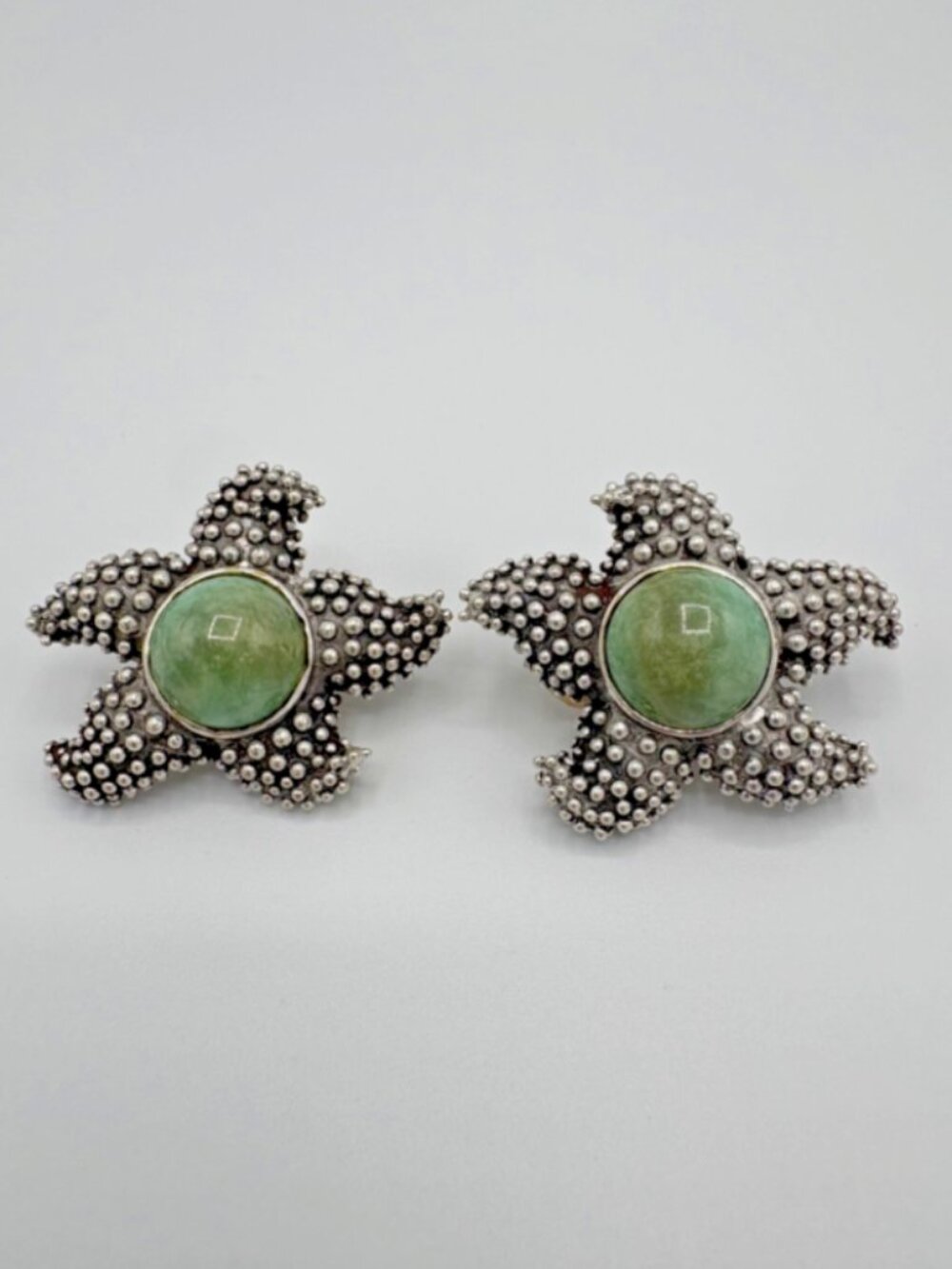 Stephen Dweck 1990 Sterling Silver Jade Starfish Clip Earrings